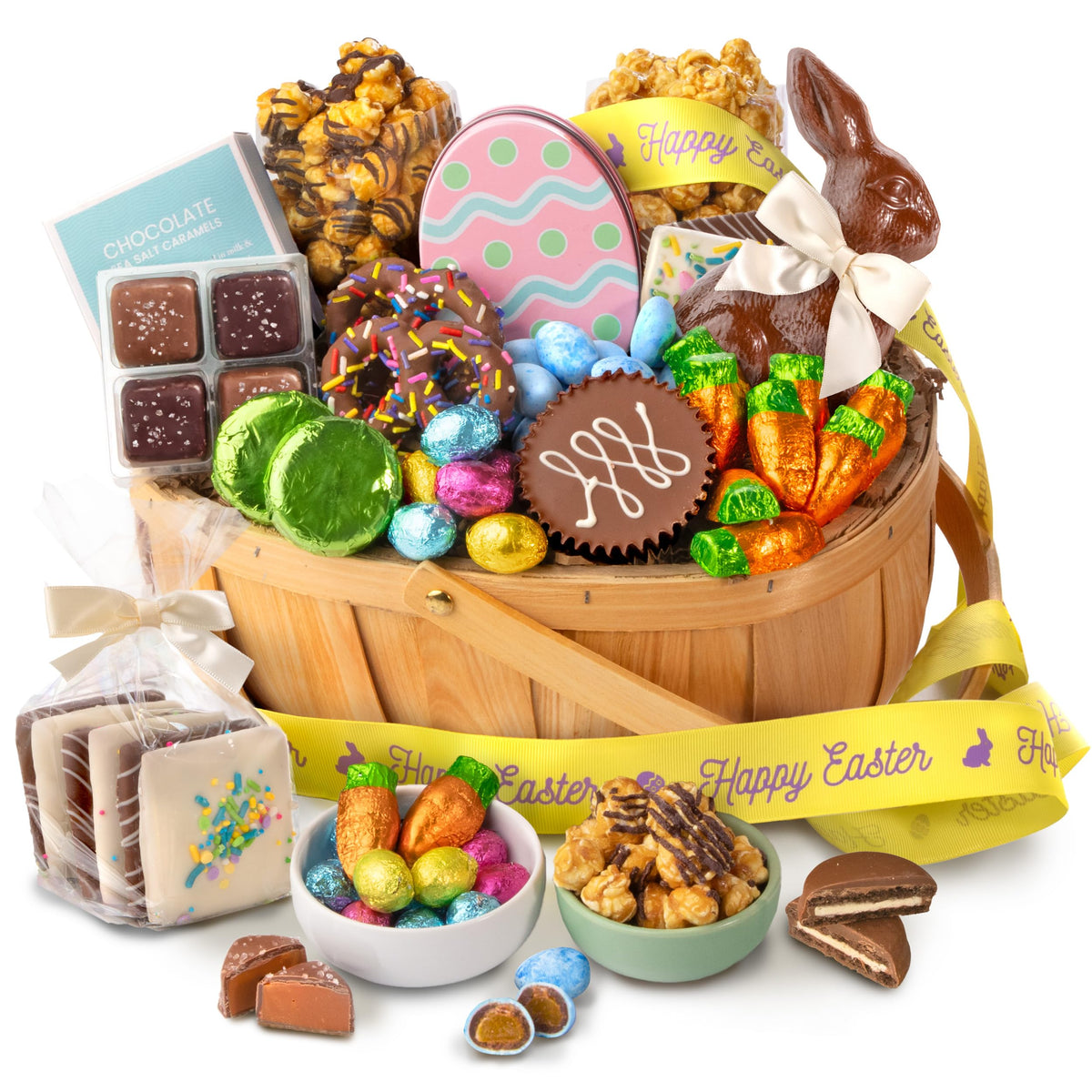 A Gift Inside gourmet chocolate Easter basket featuring assorted chocolates, ideal for gifting.
