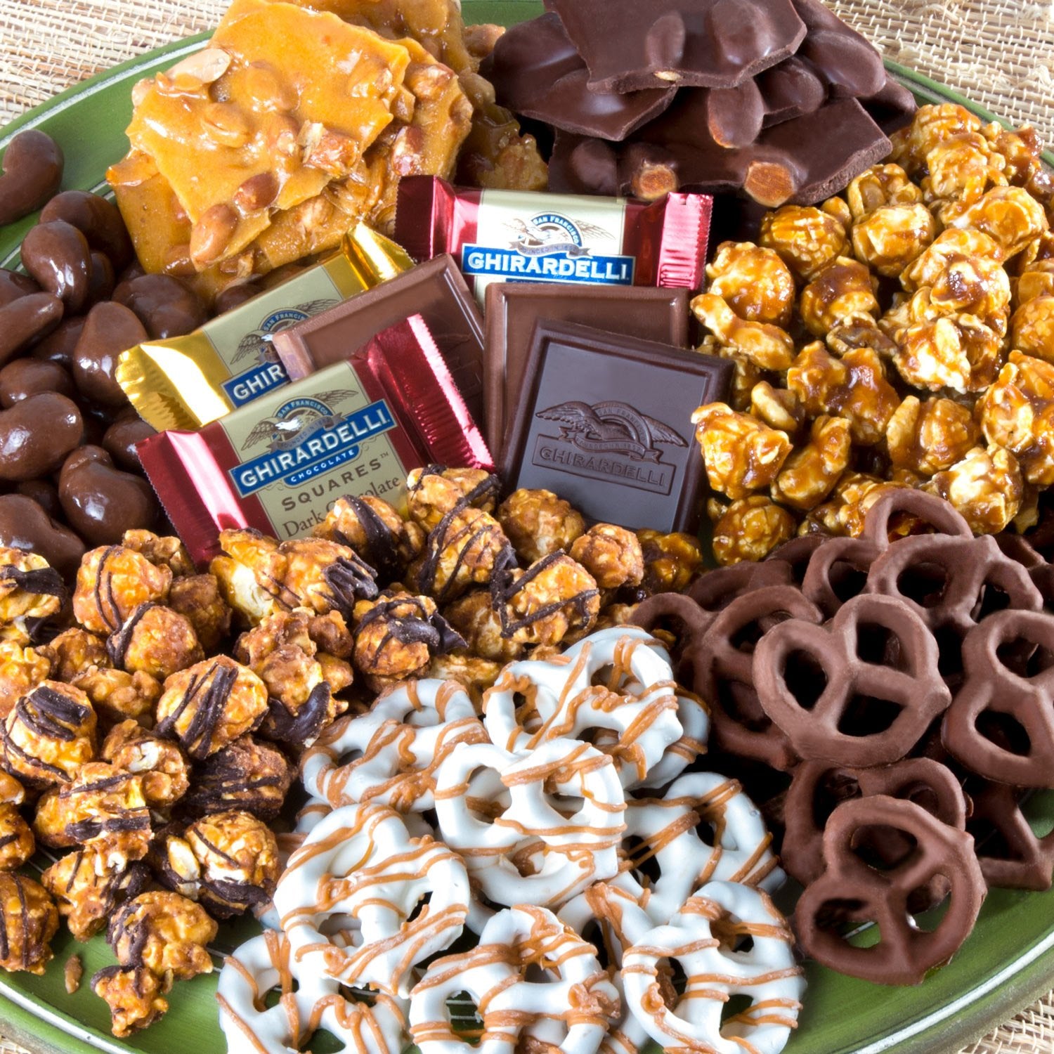 A Gift Inside gourmet snack close-up featuring pretzels and cashews, ideal for office gifting