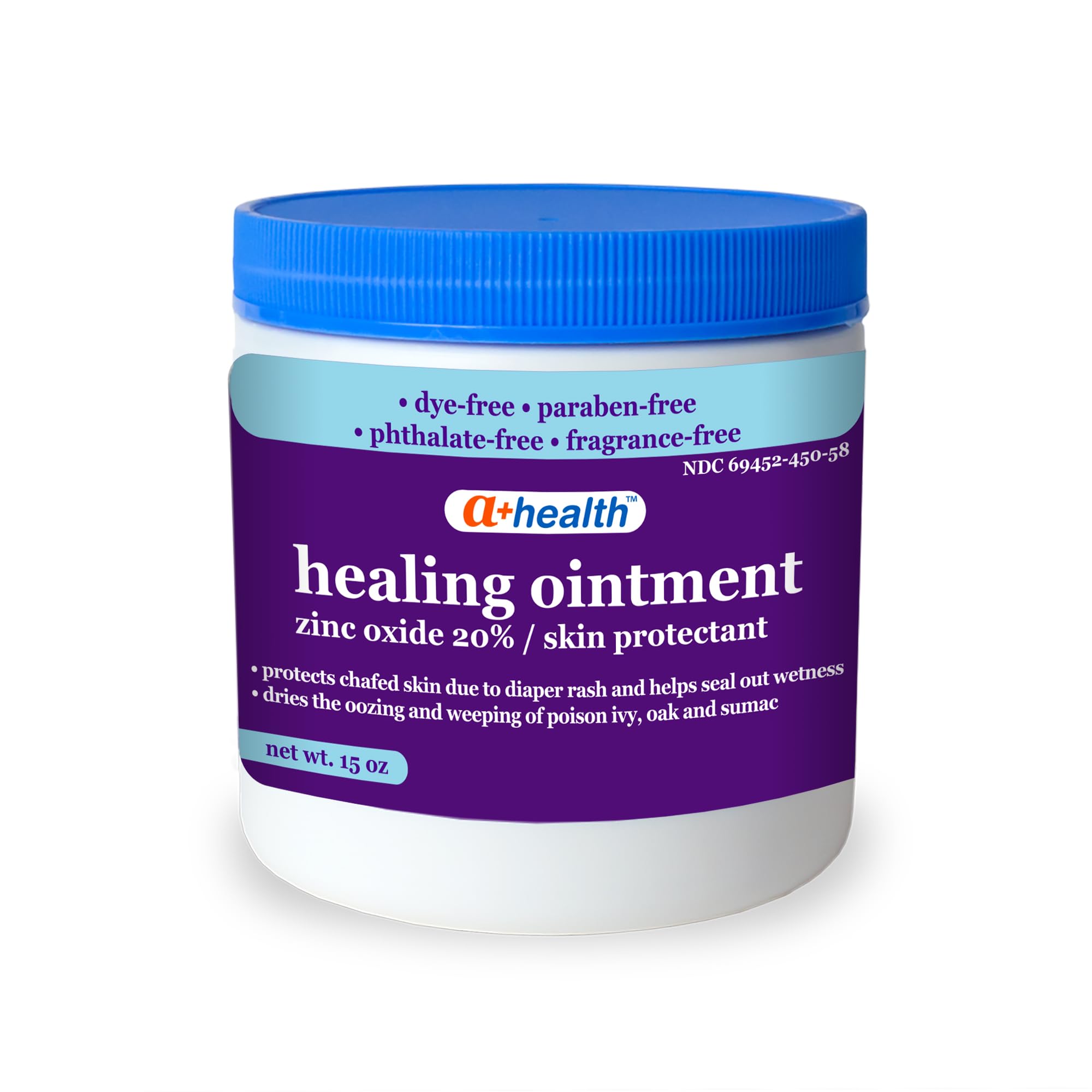 A+Health Healing Ointment jar shown, fragrance-free zinc oxide for skin protection.