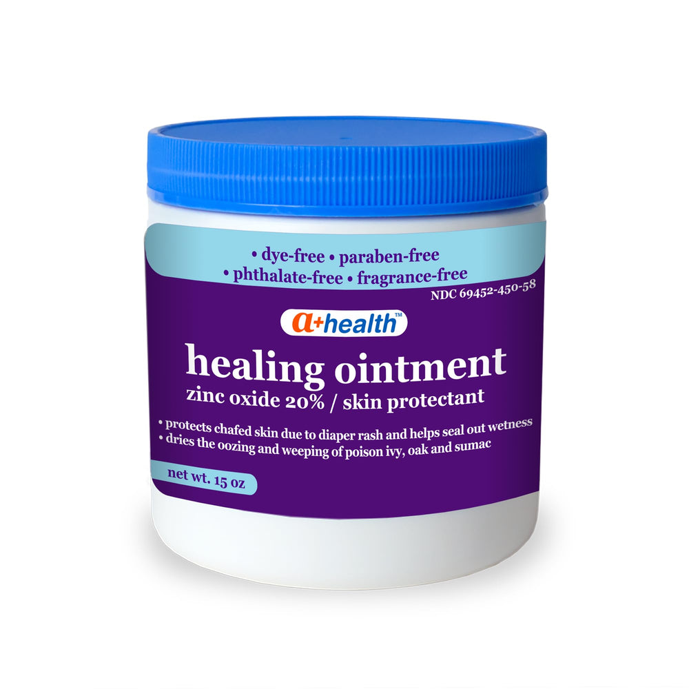 A+Health Healing Ointment jar shown, fragrance-free zinc oxide for skin protection.