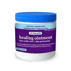 A+Health Healing Ointment jar shown, fragrance-free zinc oxide for skin protection.