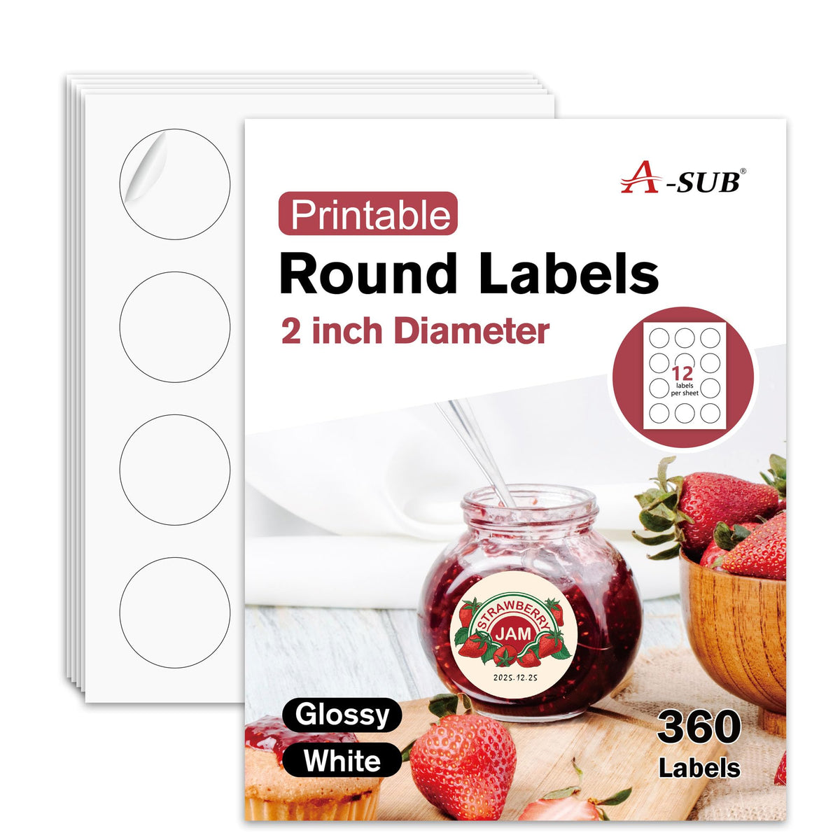 A-SUB 2-inch round label on glossy white surface for crisp branding