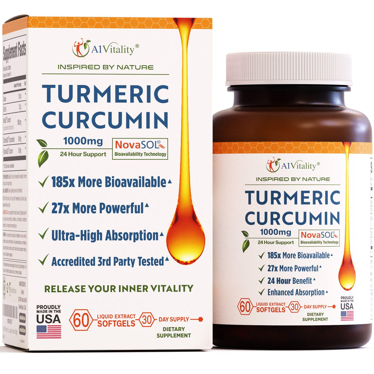 A1Vitality NovaSOL turmeric curcumin 1000mg bottle; supports daily joint comfort.