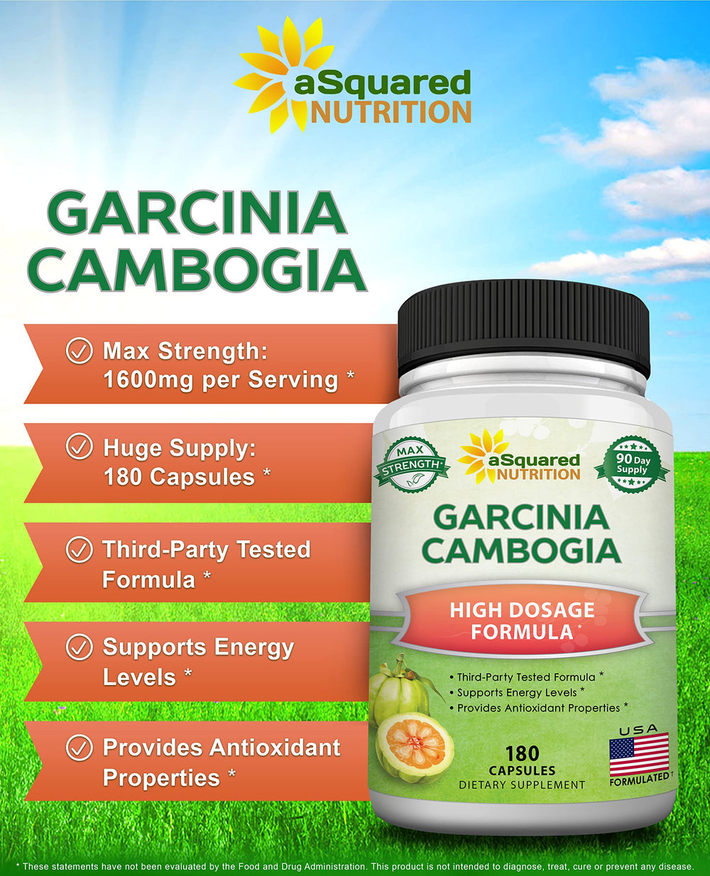 aSquared Nutrition Garcinia Cambogia bottle back showing supplement facts for safe daily use