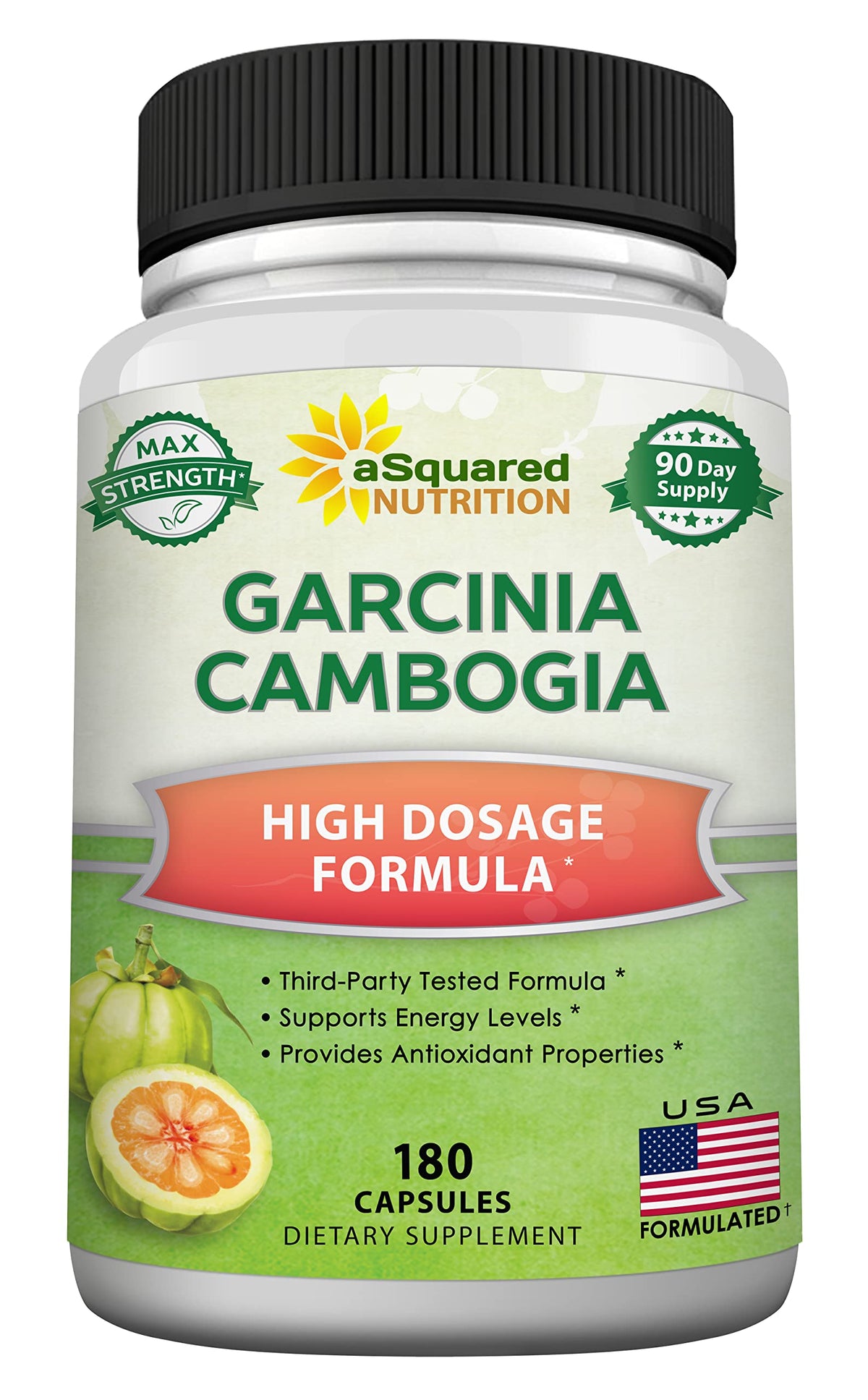 aSquared Nutrition Garcinia Cambogia bottle front with premium packaging for energy and focus