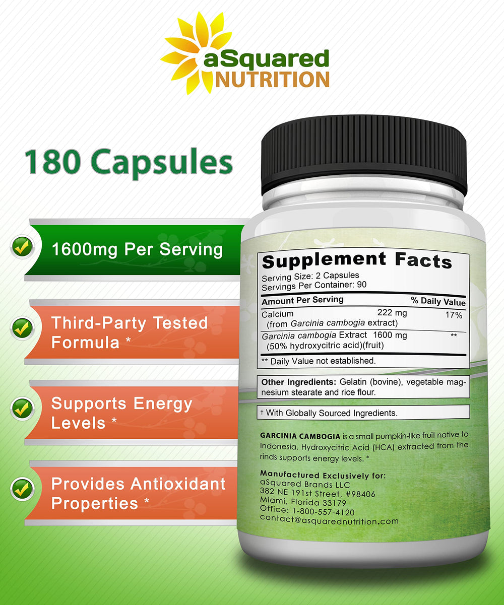 aSquared Nutrition Garcinia Cambogia label shows calcium antioxidants for bone and muscle support