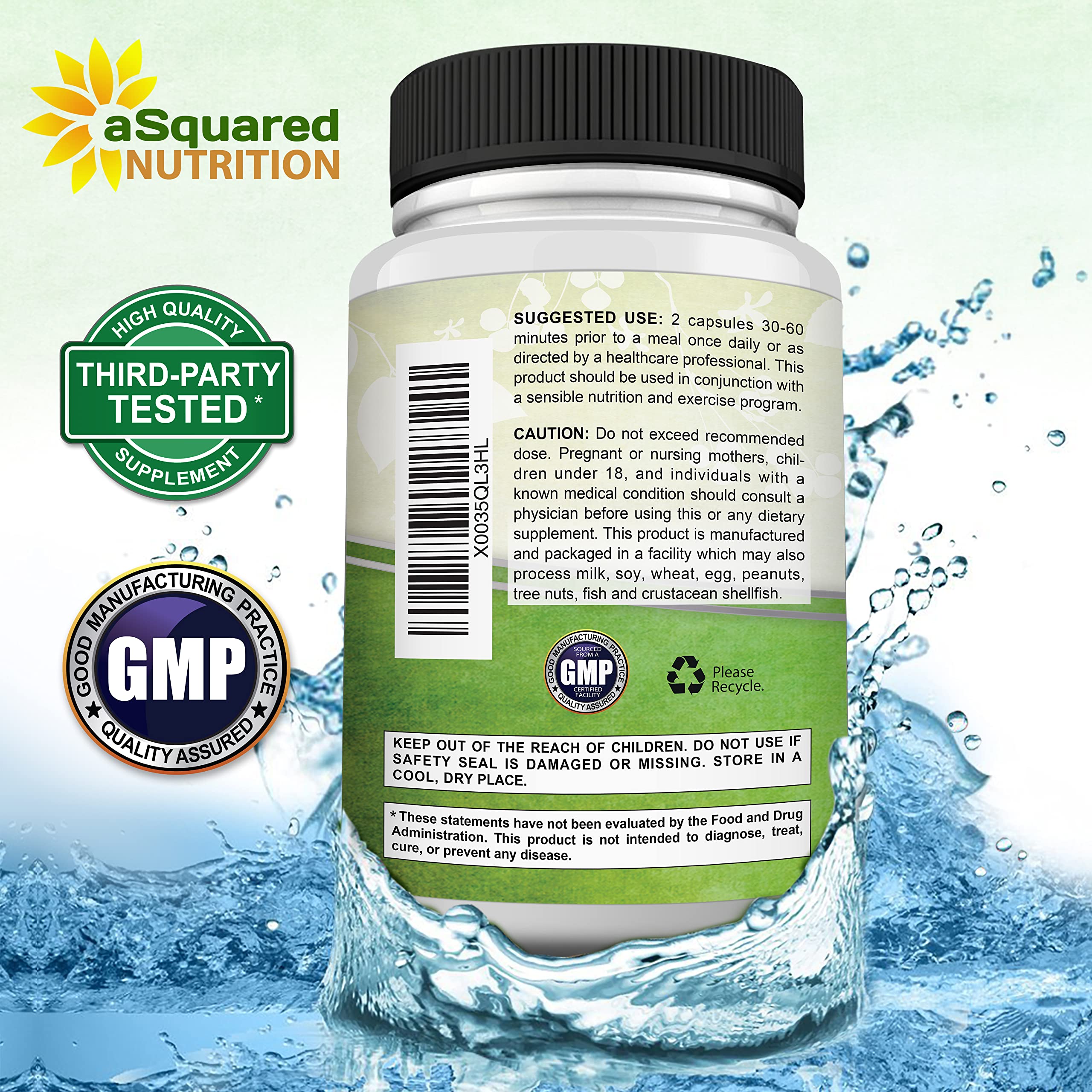 aSquared Nutrition Garcinia Cambogia packaging box with GMP facility imagery implying quality control