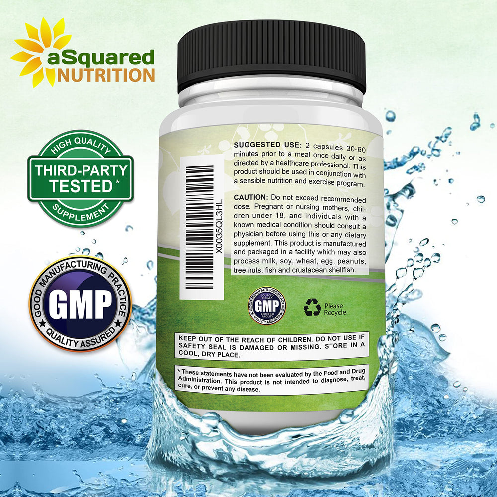 aSquared Nutrition Garcinia Cambogia packaging box with GMP facility imagery implying quality control