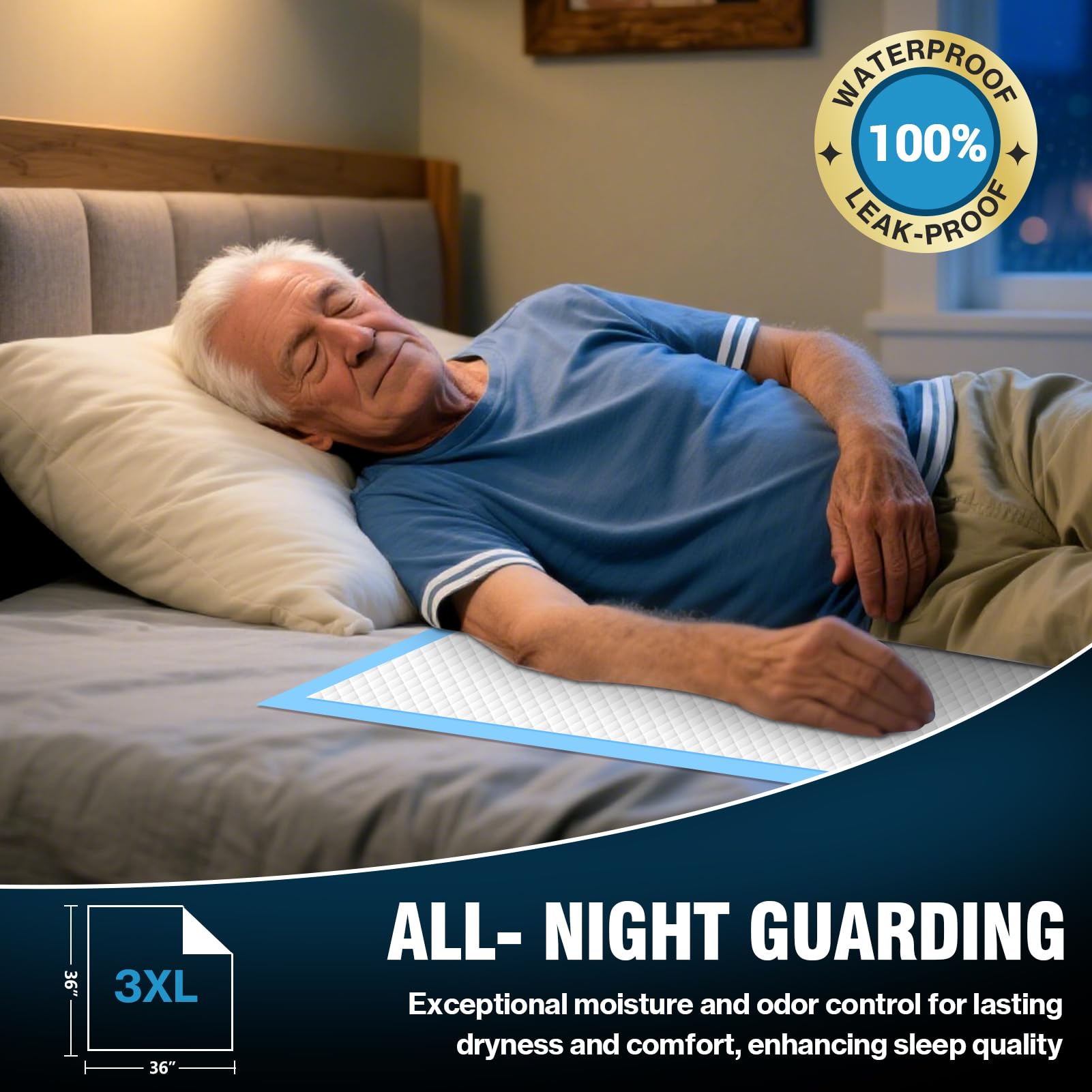 AAY 50-count pack of 36x36 bed pads for home care and travel protection.
