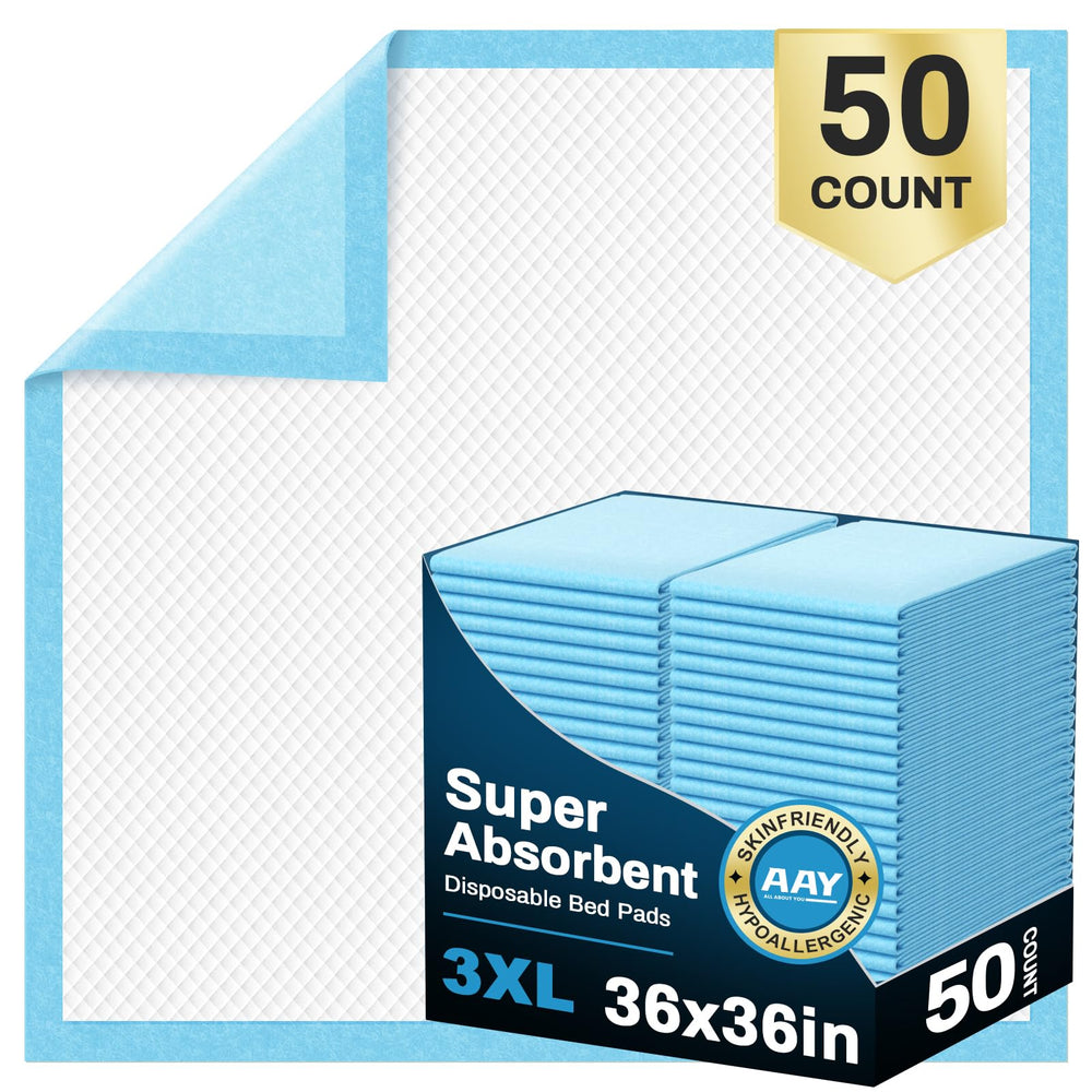 AAY disposable bed pads 36x36 front view showing absorbent surface and leak protection.
