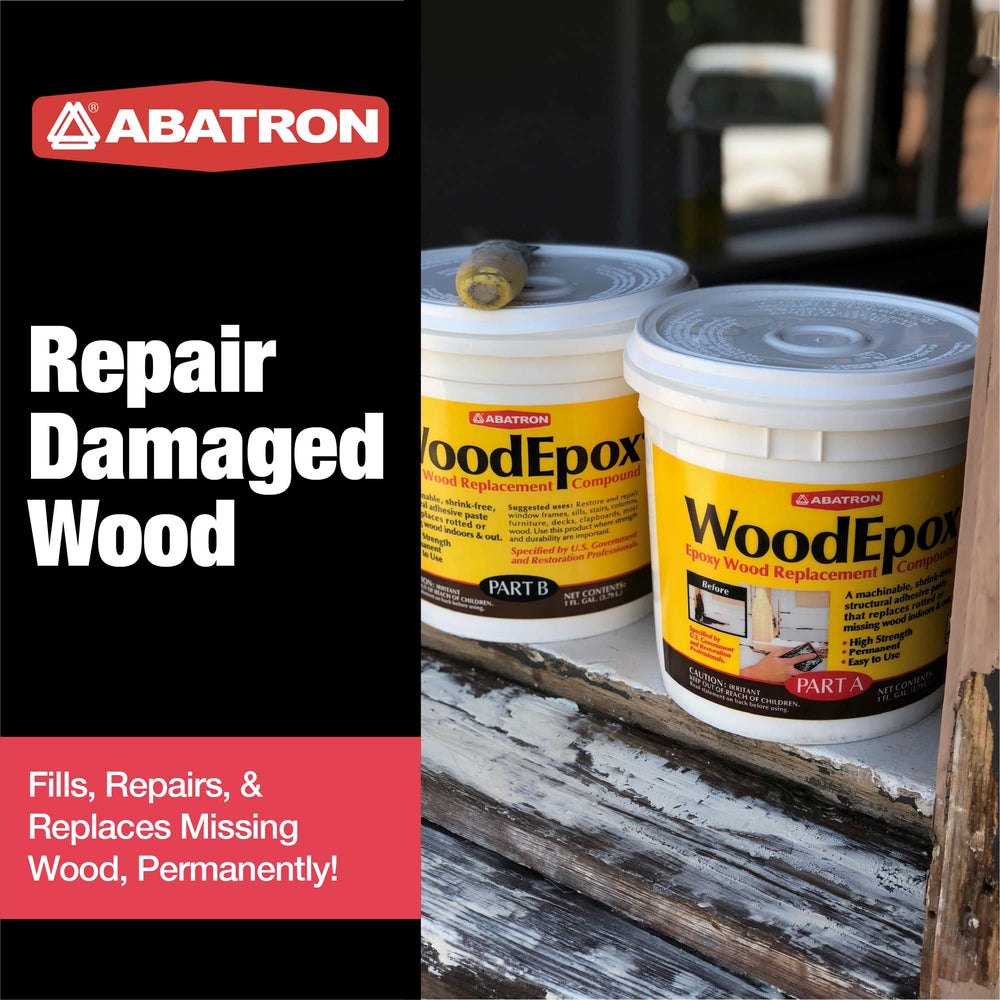 Abatron WoodEpox Kit mixing scene highlights a long pot life suitable for careful repairs