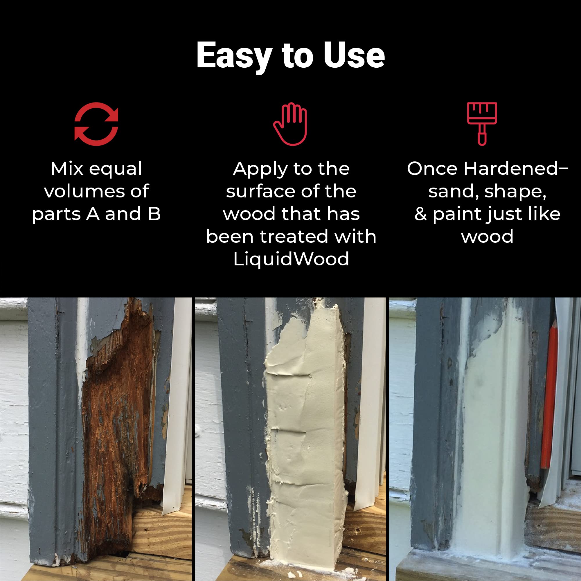 Abatron WoodEpox filler applied to wood grain with seamless bonding.