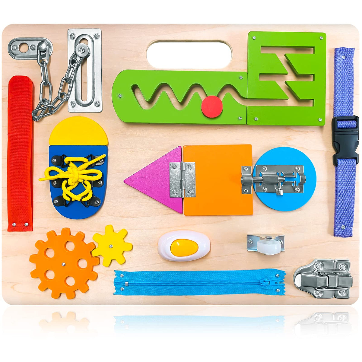 ABERLLS Montessori Busy Board latches enhance finger dexterity through hands-on play.