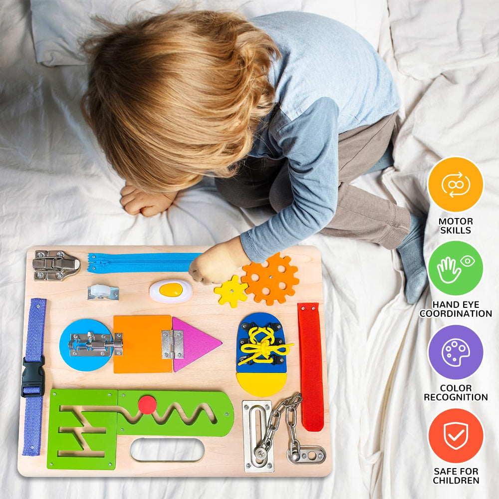 ABERLLS Montessori Busy Board Velcro promotes coordinated grip and problem solving.