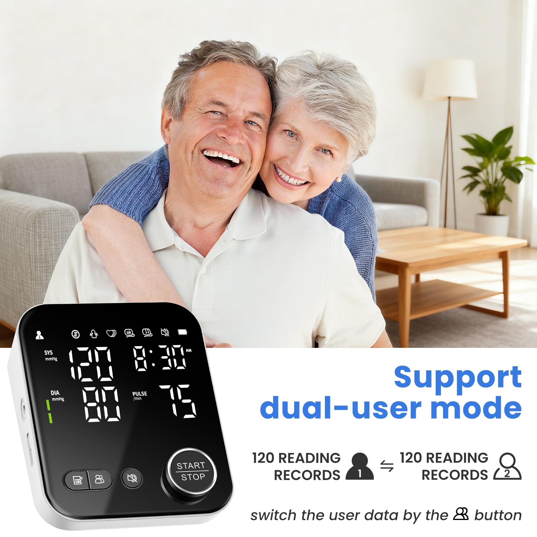 Abesee BP monitor with large cuff fitting 8.7 to 16.5 inches for comfort.