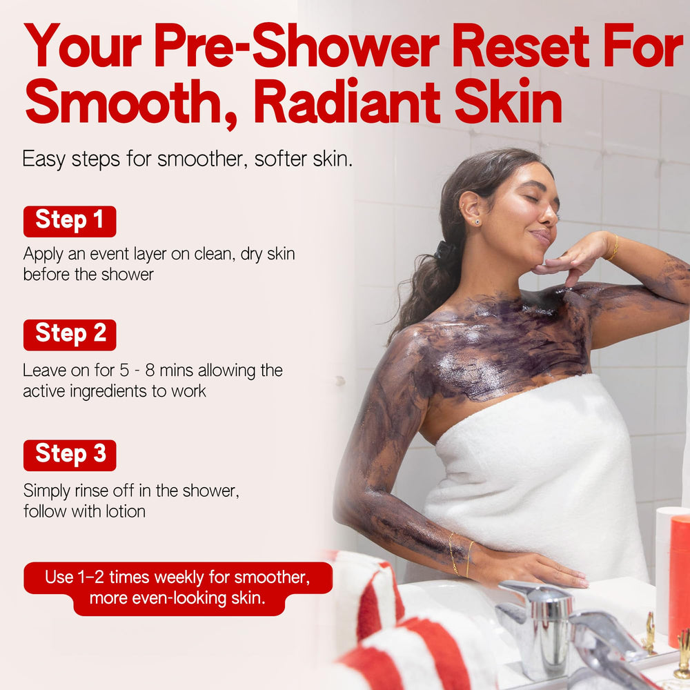 Rinse-off scene of ABI AME pre-shower mask, no scrubbing required.