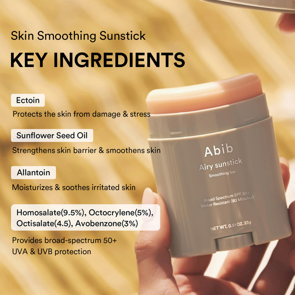Abib Airy Sunstick on face with clear, non-greasy blend.