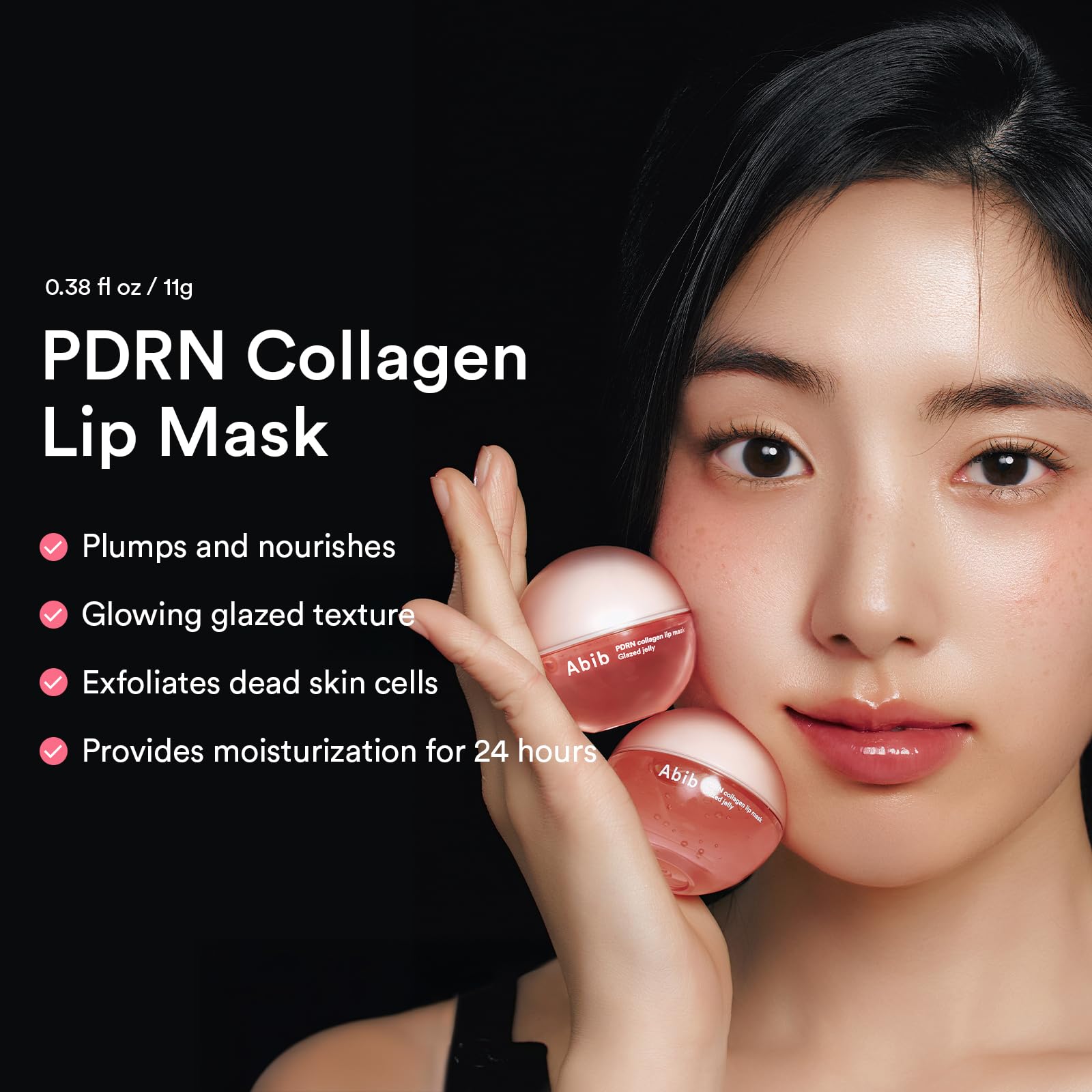 Abib lip mask glazed jelly texture on lips for a smooth, non-sticky shine.