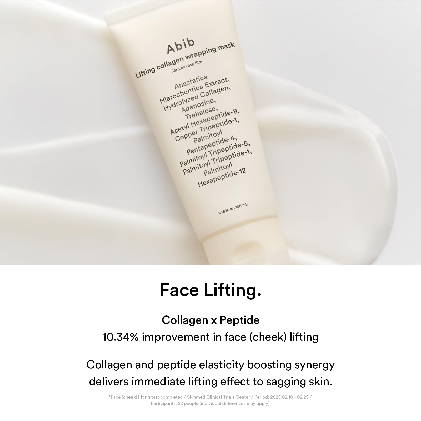 Abib peptide-complex works with collagen for smoother texture and improved resilience.