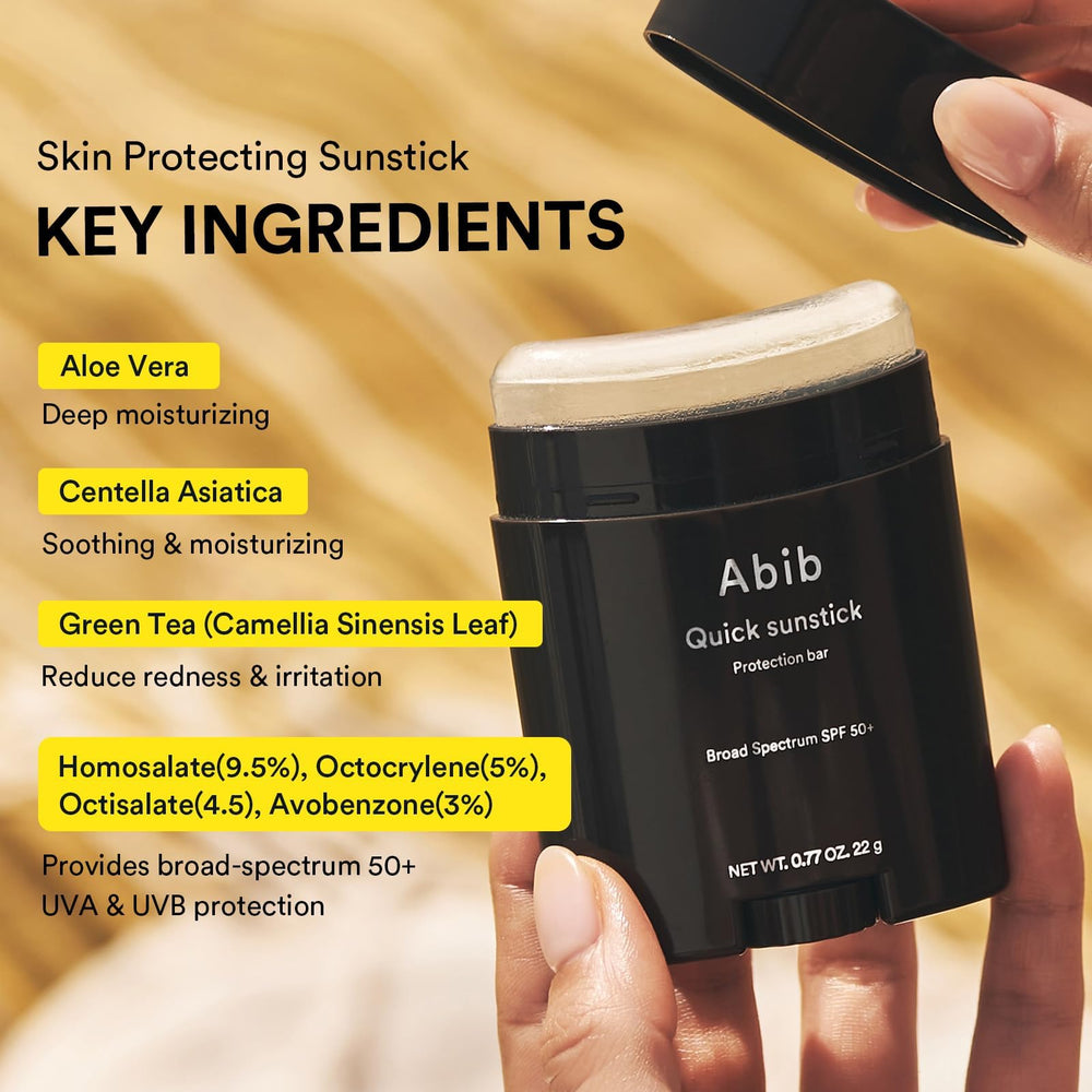 Abib Quick Sunstick in use for easy, hands-free reapplication over makeup.