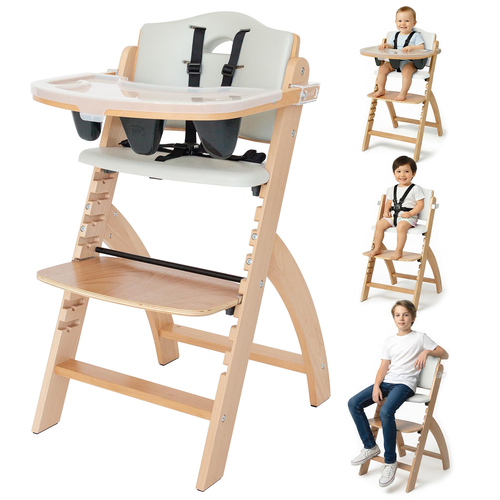 Abiie Beyond Junior chair with adjustable-height setting supports growing children at mealtimes.