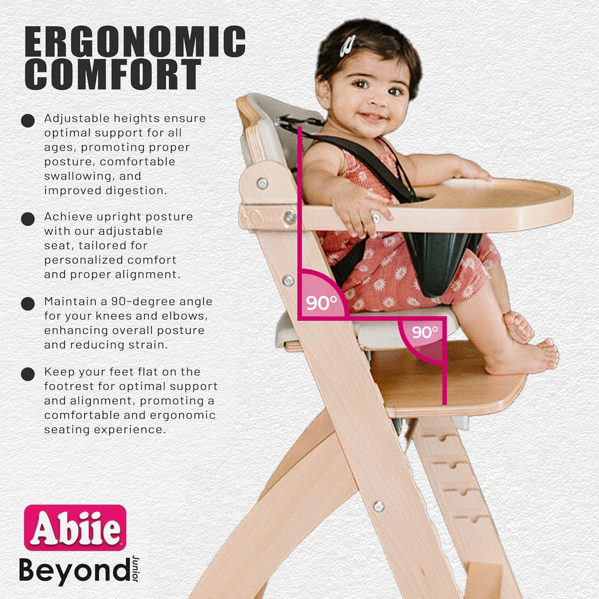 Abiie Beyond Junior chair with dishwasher-safe tray cover for simple cleanup.