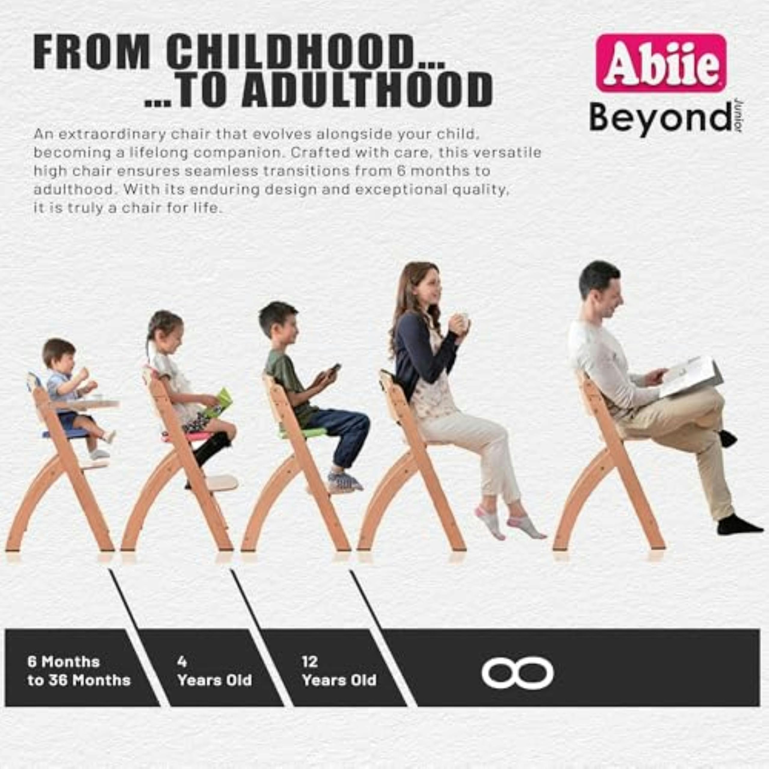 Abiie Beyond Junior chair with waterproof cushion for fast, wipe-clean meals.