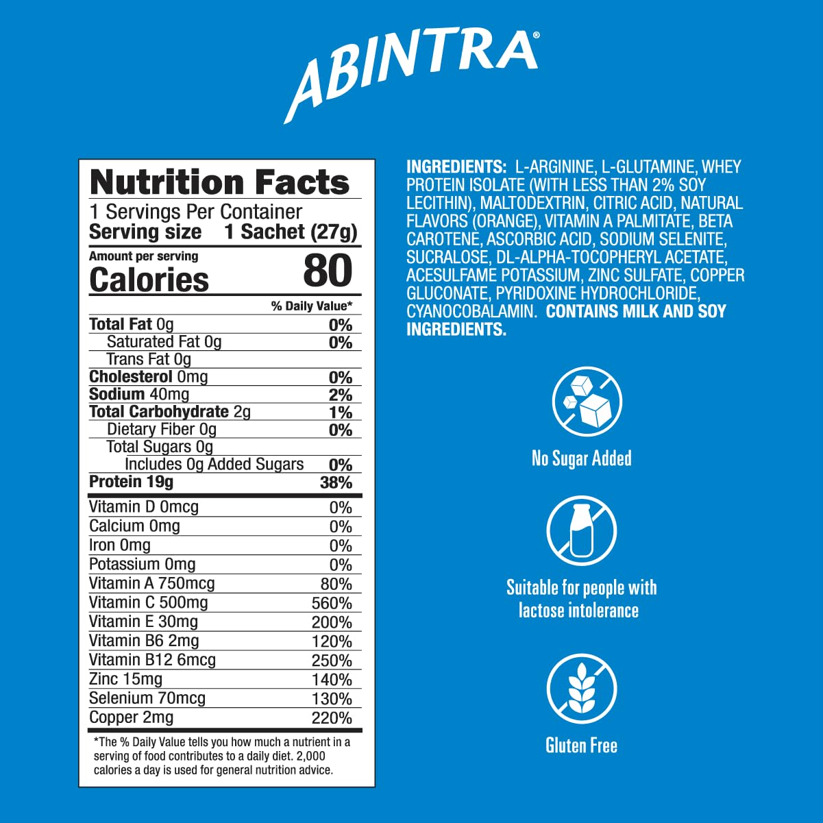 ABINTRA nutrition facts graphic highlighting protein and arginine content