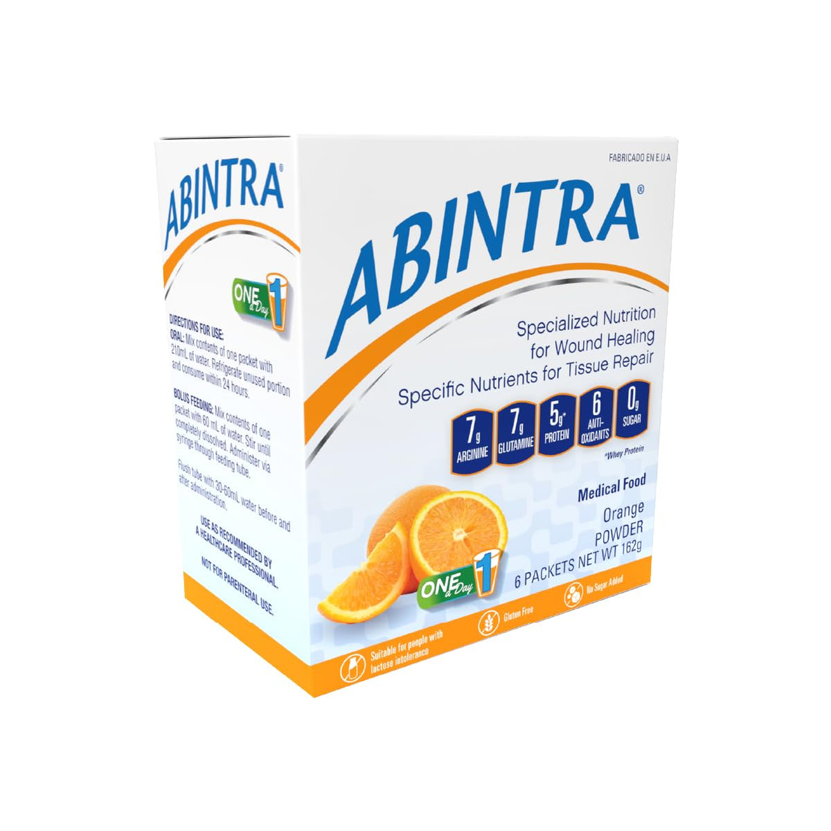 ABINTRA orange flavor box front highlights convenient nutrition for recovery