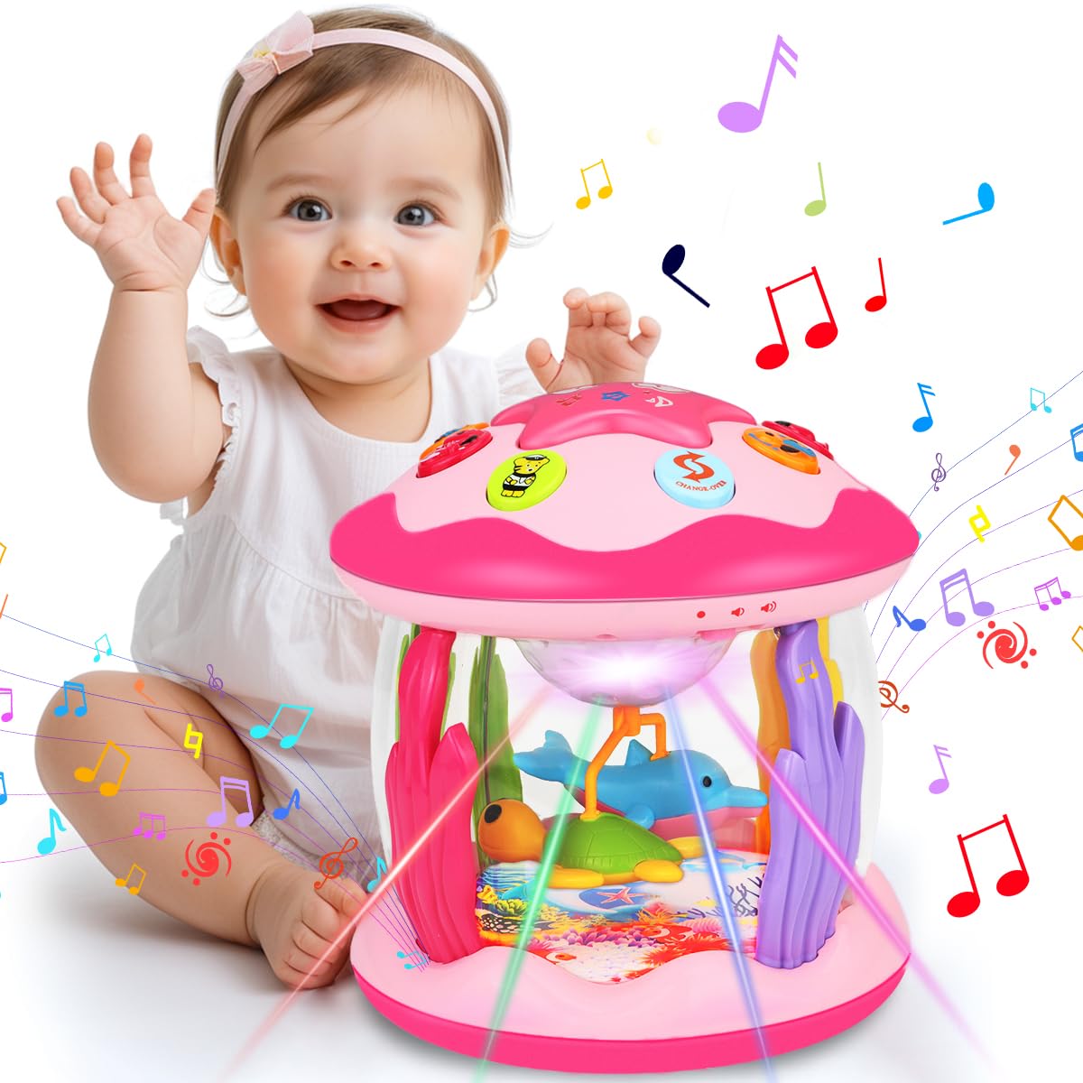 Aboosam ocean toy with a rotating dolphin for engaging visual tracking during play.