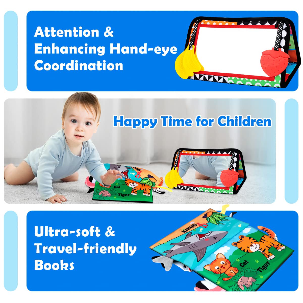 Aboosam toy with squeaker and crinkled pages adds audio stimulation.
