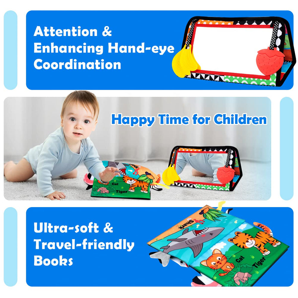 Aboosam toy with squeaker and crinkled pages adds audio stimulation.