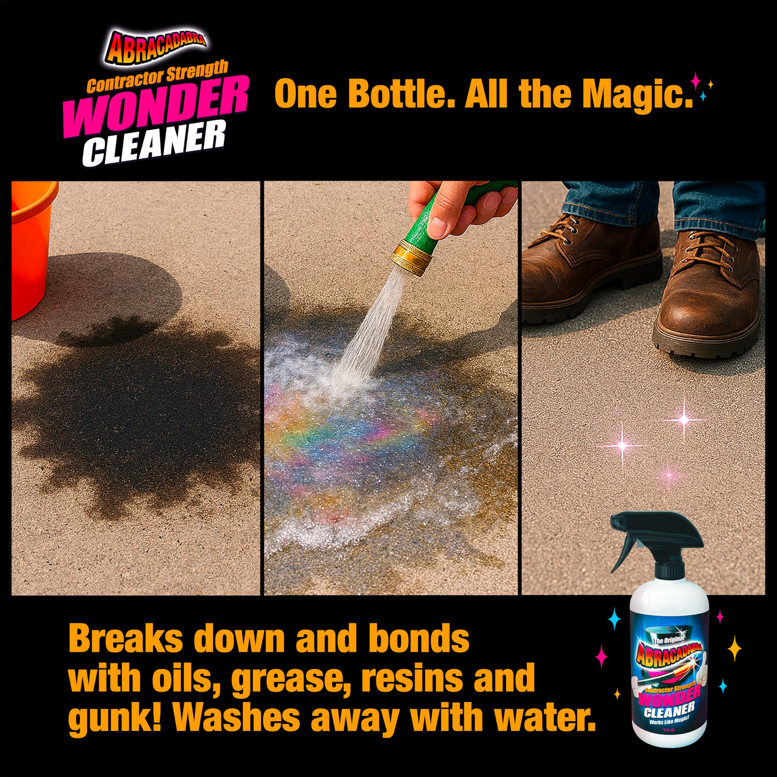 Abracadabra Contractor Strength Wonder Cleaner adhesive removal on a car hood reveals clean results.