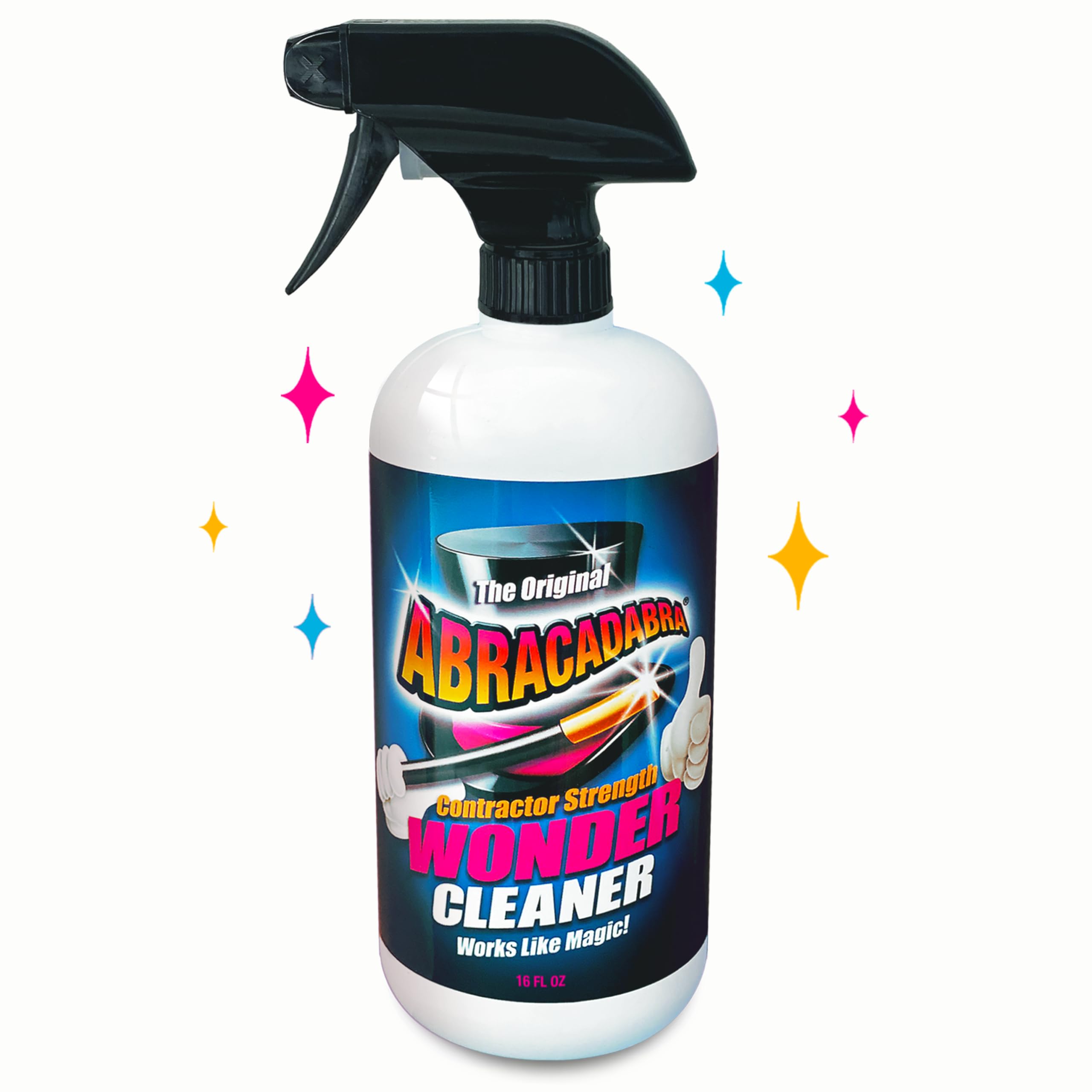 Abracadabra Contractor Strength Wonder Cleaner bottle 16 oz tackles adhesive residue on multiple surfaces.