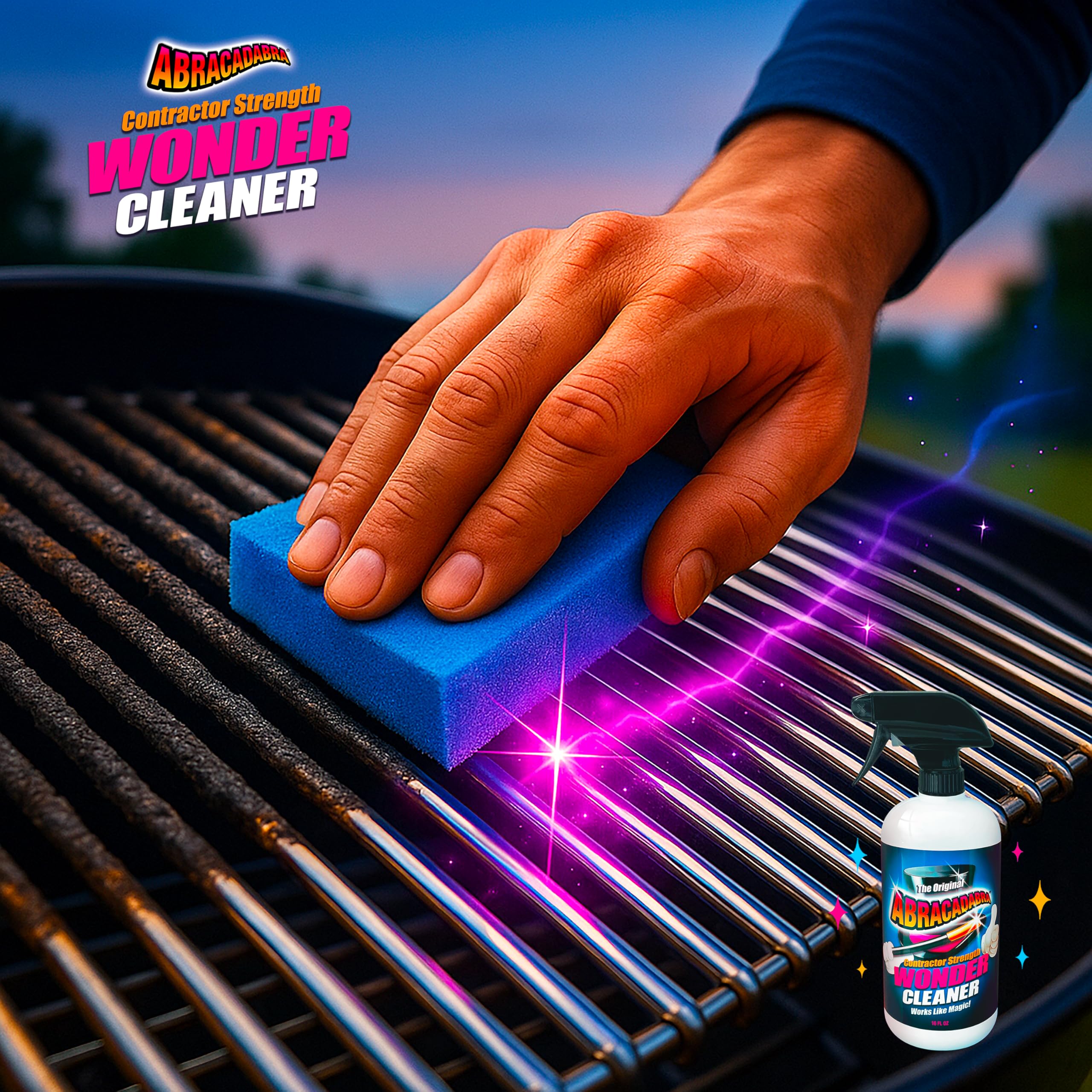 Abracadabra Contractor Strength Wonder Cleaner spray-on action cleans sticker residue effectively.