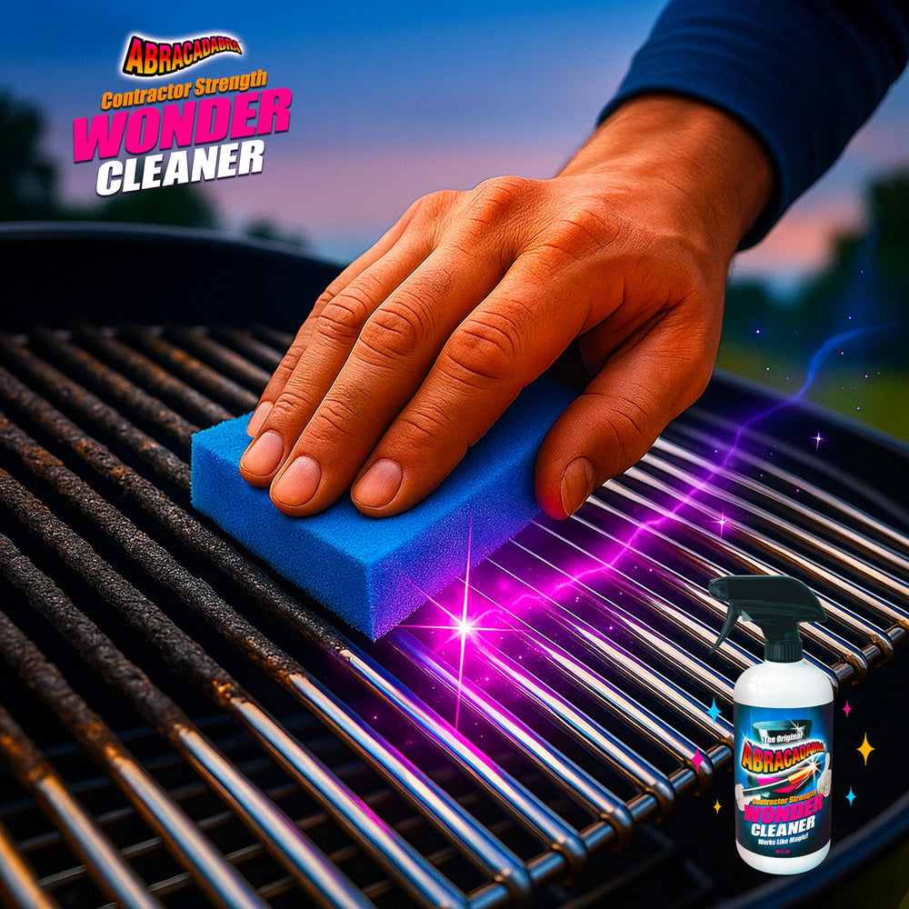 Abracadabra Contractor Strength Wonder Cleaner spray-on action cleans sticker residue effectively.