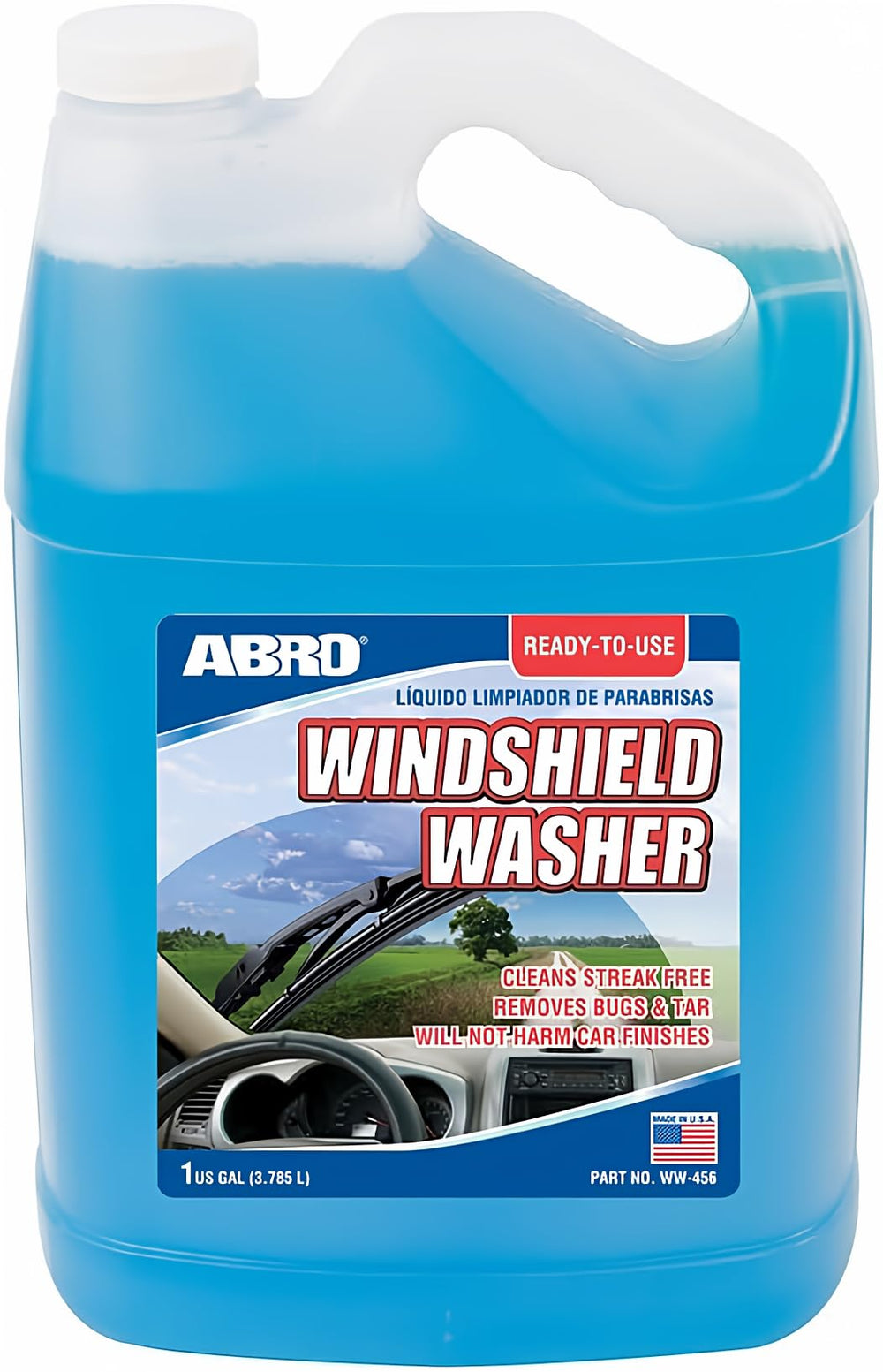 ABRO windshield fluid bottle label emphasizes a ready-to-use formula for quick maintenance