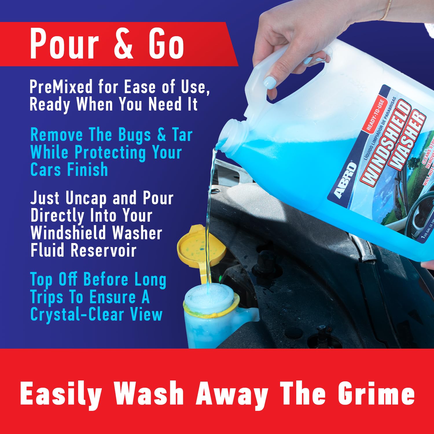 ABRO windshield fluid bottle pour demonstrates easy, mess-free application for on-the-go use