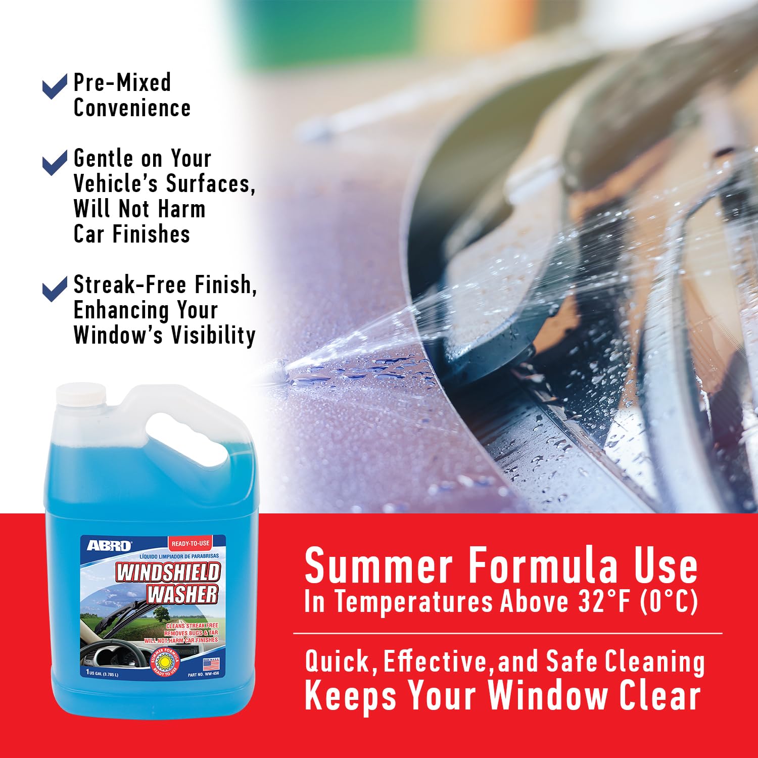 ABRO removes bugs with strong windshield cleaner action across glass surface