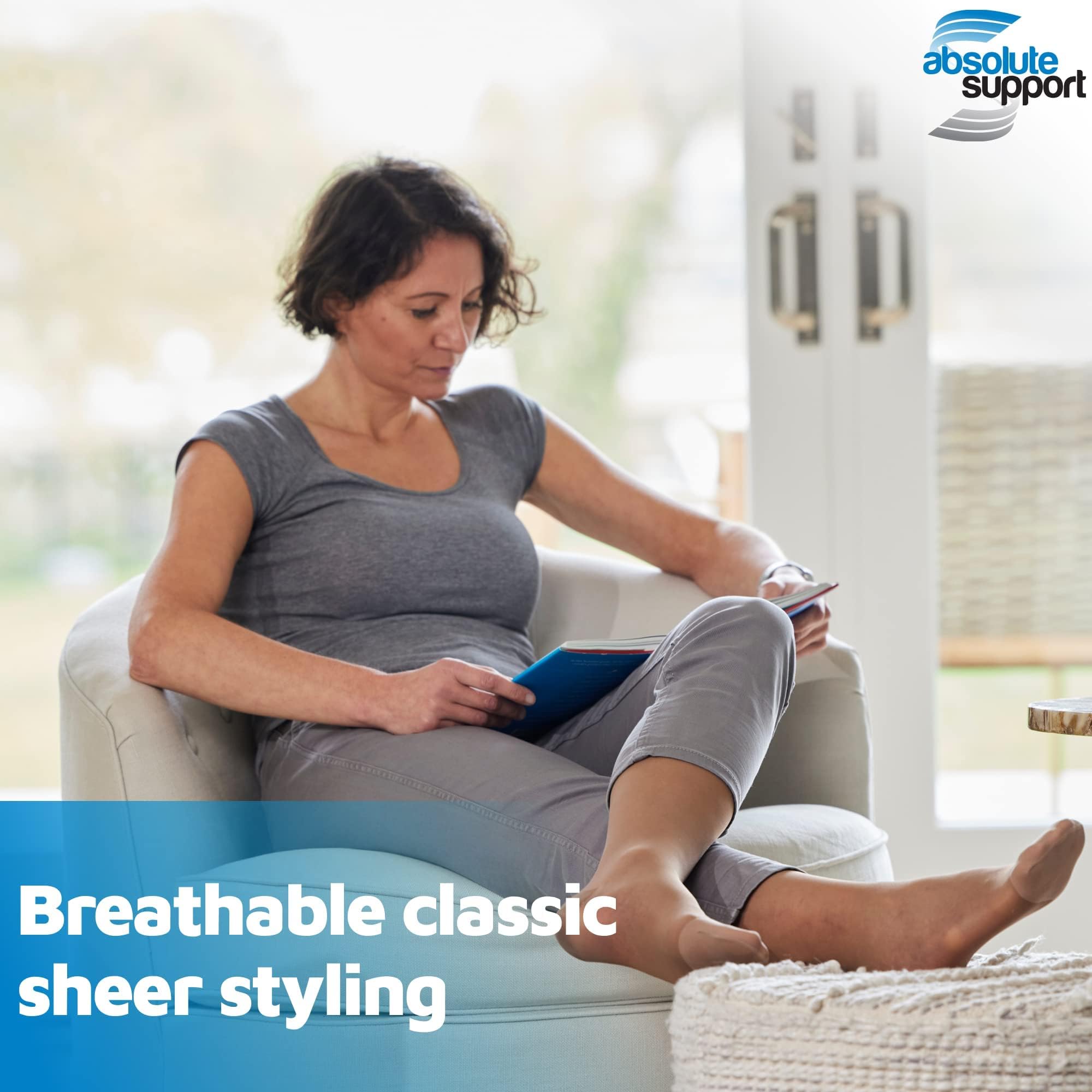 Absolute Support Sheer Compression Socks for Women packaging image, clear size and color details for easy selection