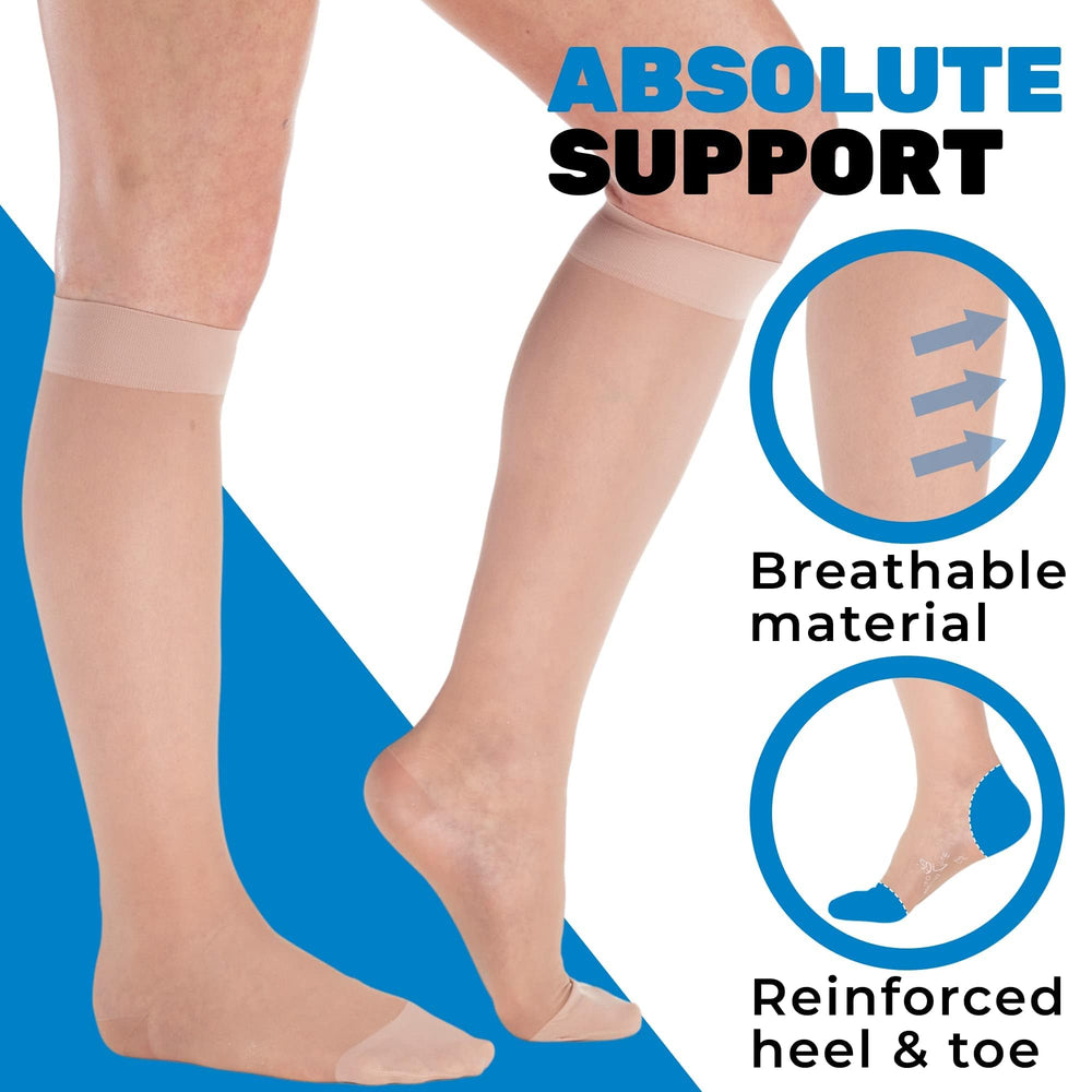 Absolute Support Sheer Compression Socks for Women top-band closeup, skin-friendly grip that stays in place