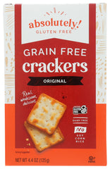 Absolutely Gluten Free Crackers Original pack shot showing crisp texture for snacking.