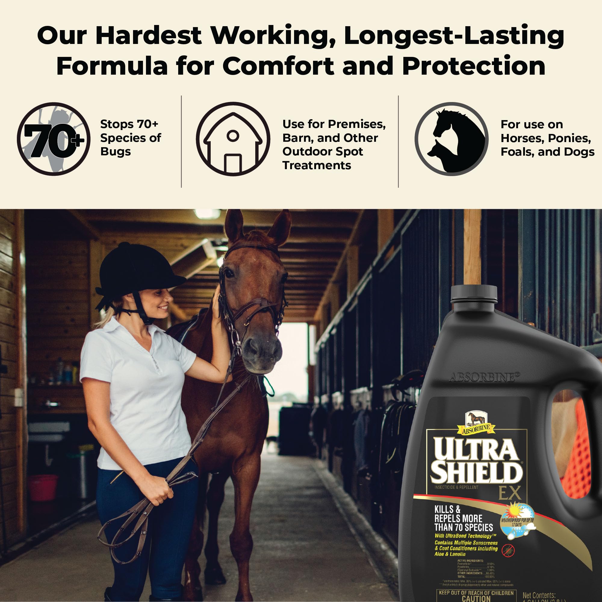 Absorbine UltraShield EX spray in action repelling flies on a horse for long-lasting protection.