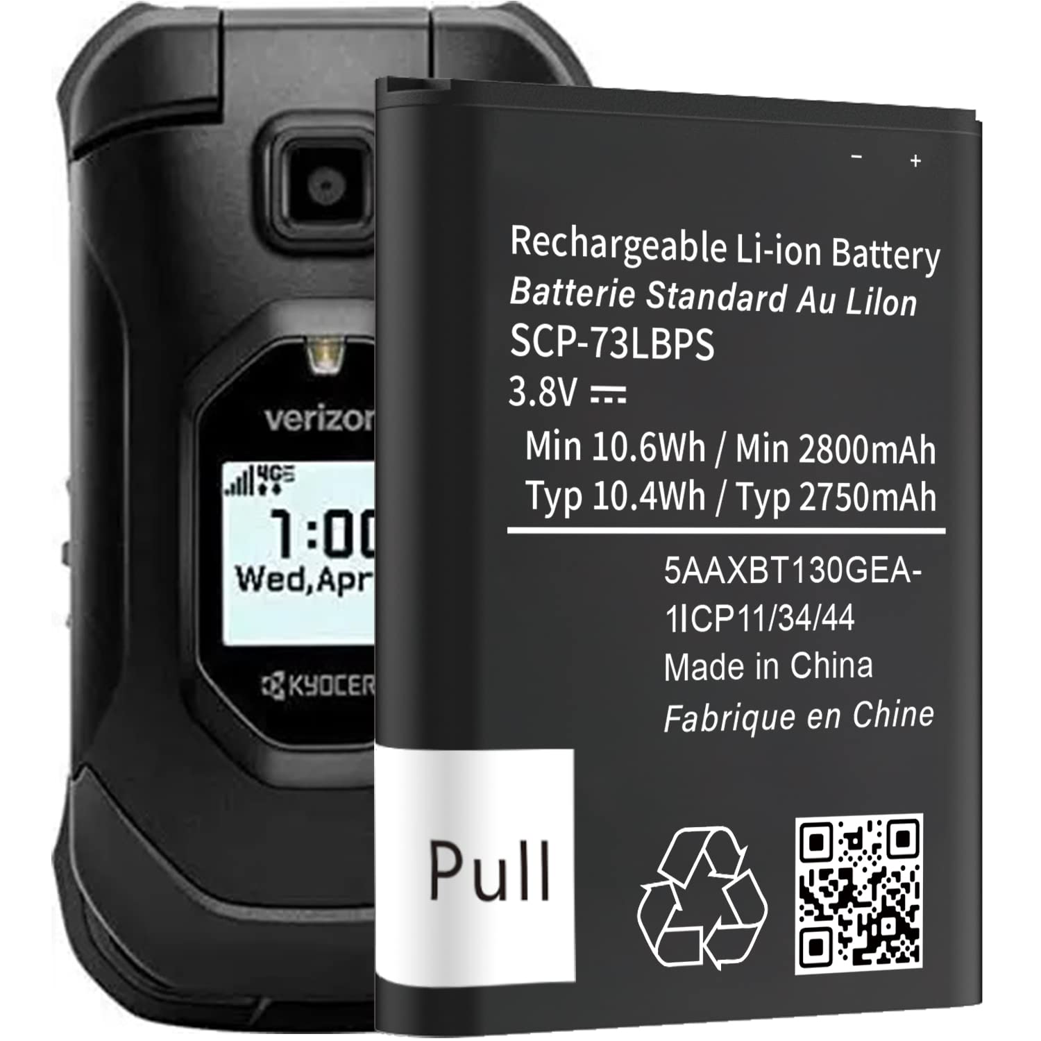 Abtter SCP-73LBPS battery front view for Kyocera DuraXV Extreme, reliable replacement