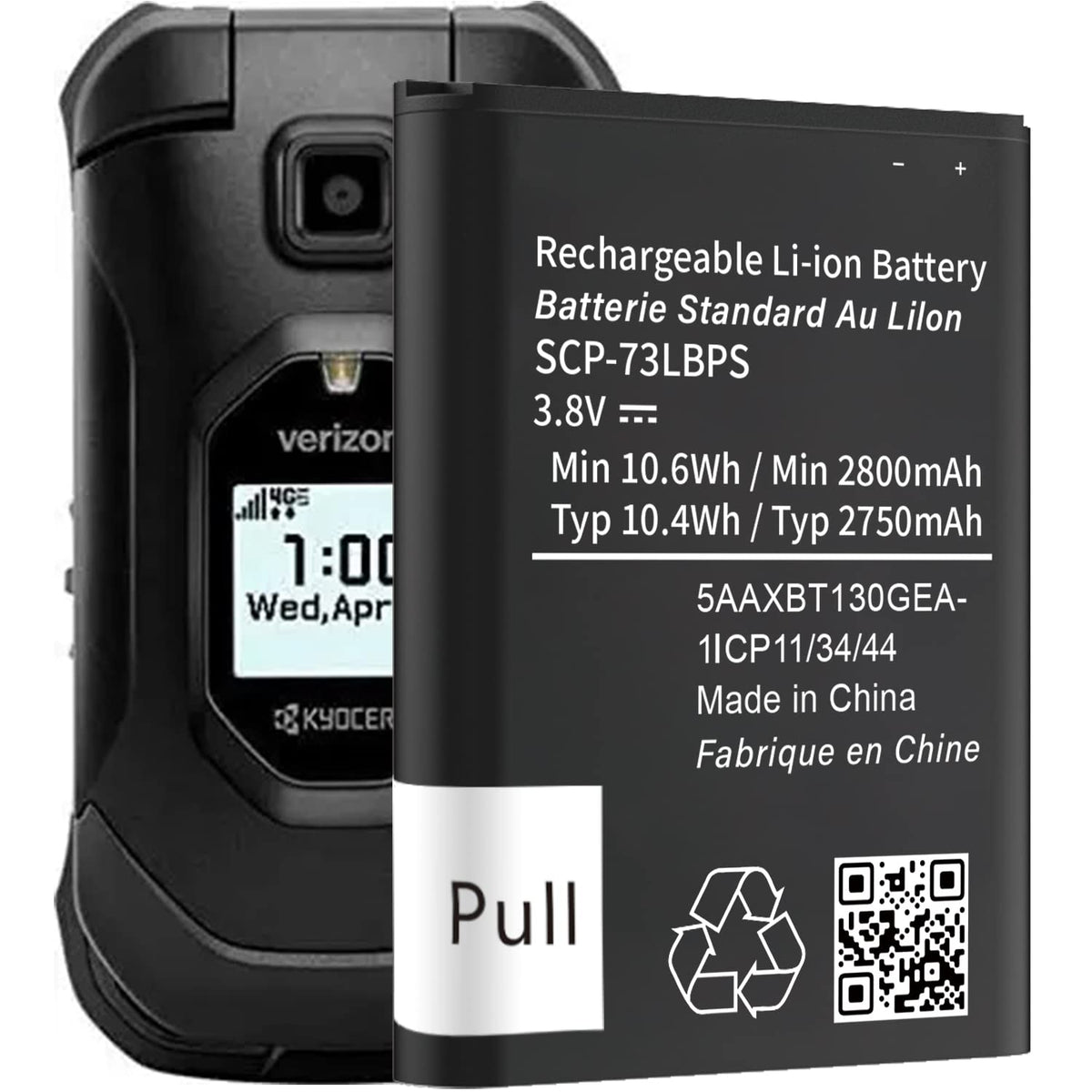 Abtter SCP-73LBPS battery front view for Kyocera DuraXV Extreme, reliable replacement