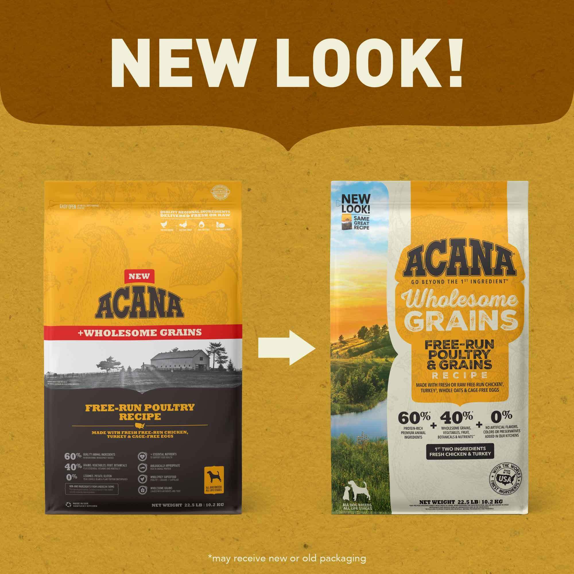ACANA balanced recipe of poultry, grains, and vegetables for dogs.