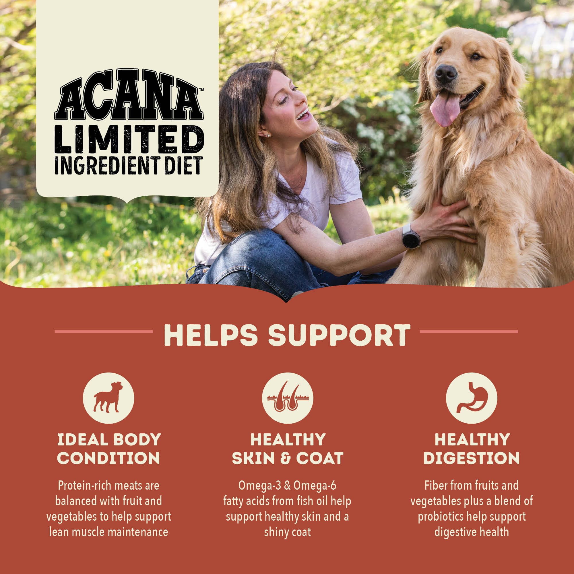 ACANA Beef and Pumpkin pieces in bowl signal fiber-rich ingredients.