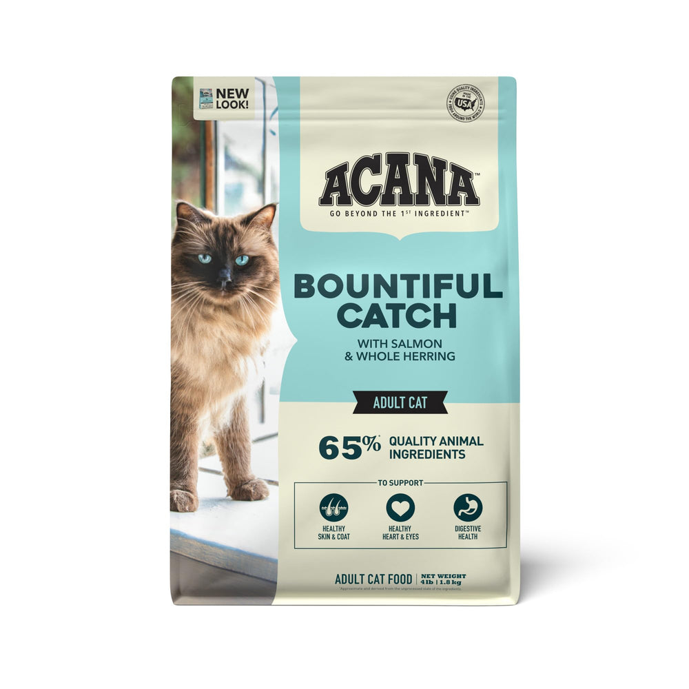 ACANA Bountiful Catch dry cat food bag with salmon and herring for energy and flavor.