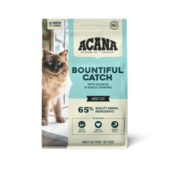 ACANA Bountiful Catch dry cat food bag with salmon and herring for energy and flavor.