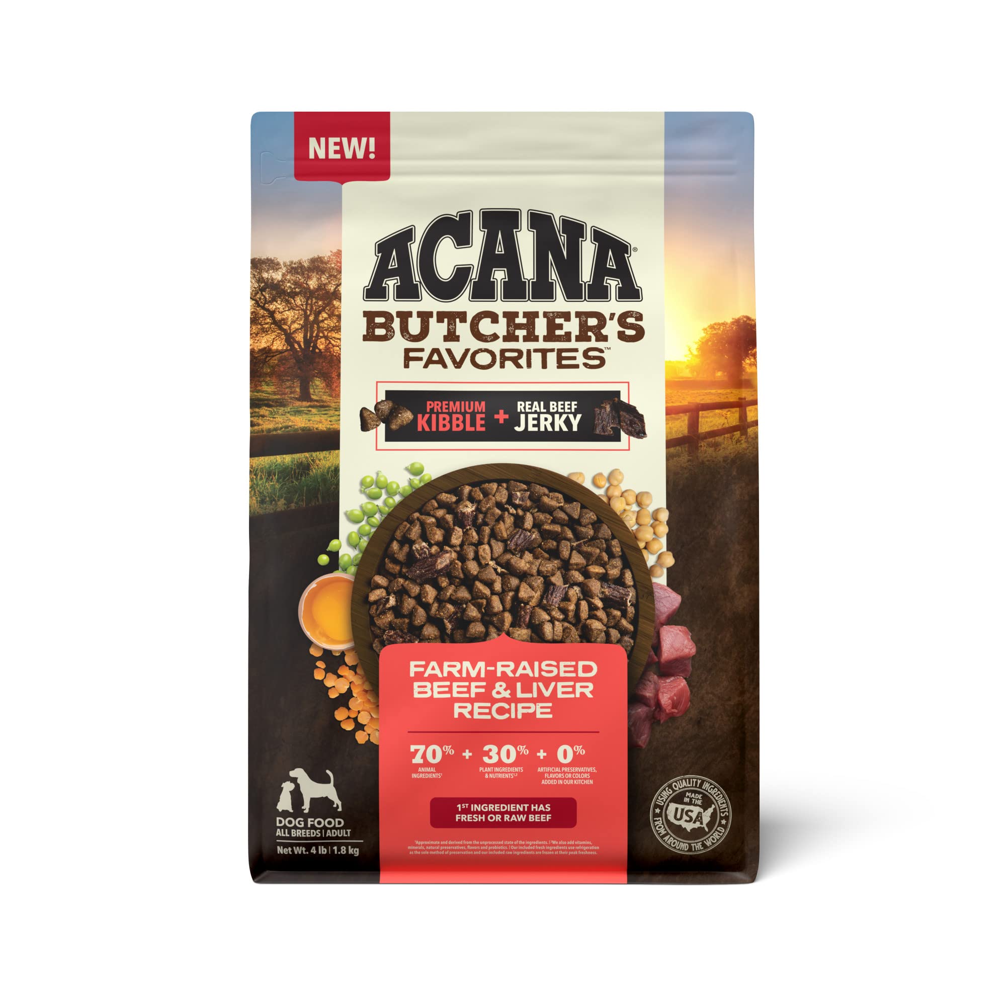 ACANA Butcher’s Favorites 4lb bag shown for protein‑dense daily meals